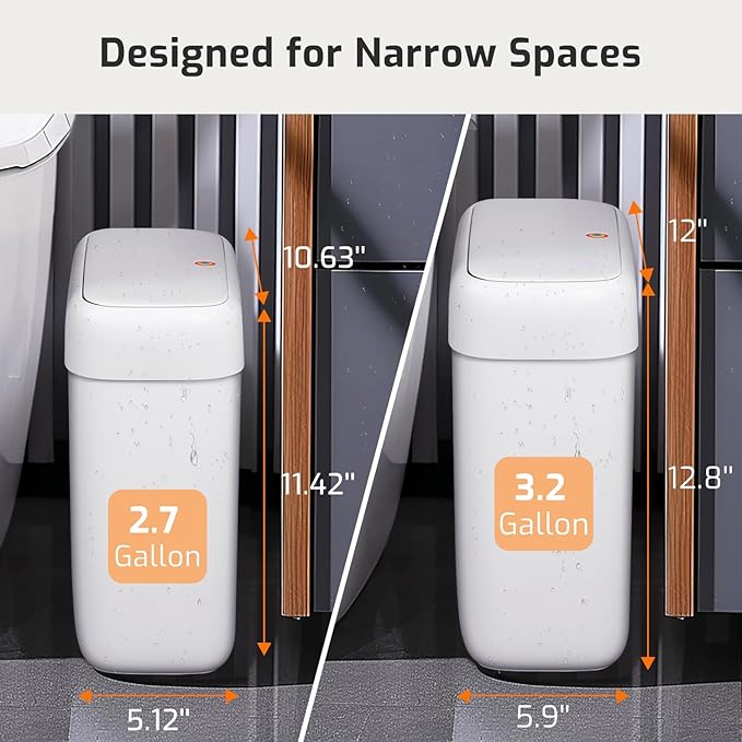 MOPALL 2 Pack Small Bathroom Trash Can with Lid, 3.2 Gallon / 11.5 L & 2.6 Gallon / 10 L Waste Basket with Pop-Up Lid, Slim Plastic Garbage Bin Dog Proof for Kitchen, Bedroom, Office, Toilet, White