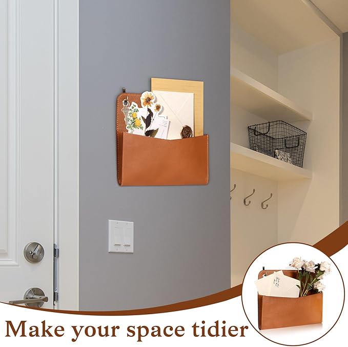 3 Pcs PU Leather Mail Holder Wall Mount Brown PU Leather Letter Holder Vintage Wall File Organizer 2 Ring Binder Hanging File Holder for Decor Storage Letter Postcards Bill Flowers Office Home