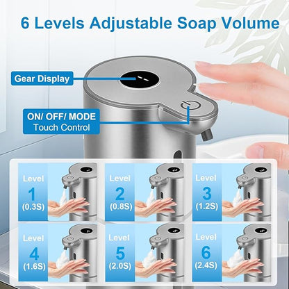 OHIFAST Automatic Foaming Soap Dispenser Touchless, USB Rechargeable Smart Hand Soap Dispenser, 6-Level Adjustable, 12.8oz/380mL Wall Mounted for Bathroom Kitchen Dish Soap-Silver