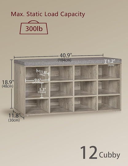 DINZI LVJ Shoe Bench, 12 Cubbies Shoe Organizer for Entryway, Storage Bench with Cushion, Cubby Shoe Rack with Adjustable Shelves for Living Room, Bedroom, Mudroom, Hallway, Gray Wash