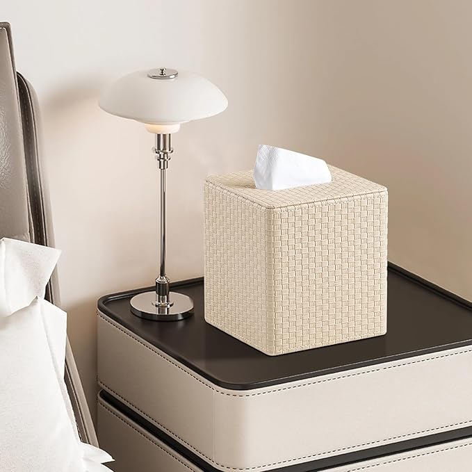 Square Tissue Box Cover, Stylish Leather Tissue Box Holder with Magnetic Bottom, Used As A Decorative Tissue Holder for Living Rooms, Bedrooms, and Desks (Beige Woven Pattern)-1