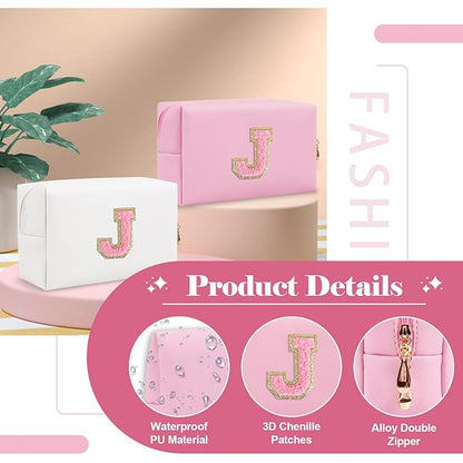 Personalized Initial A-Z Preppy Patch Makeup Bag,Small PU Leather Chenille Letter Cosmetic Bag with Zipper for Teen Girls,Pink Cute Travel Toiletry Bag,Birthday Monogrammed Gift for Daughter,Letter J