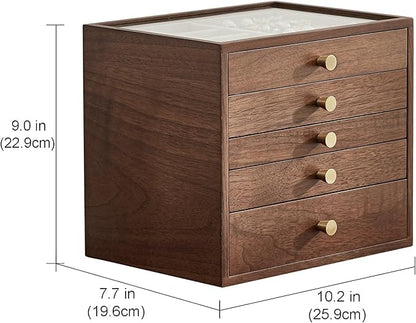Black Walnut Wooden Jewelry Box Women large 5 Layer Drawer Wood Organizer Box with Glass Lid for Necklaces, Watch, Necklace, Ring, Earring Storage - Christmas Gifts