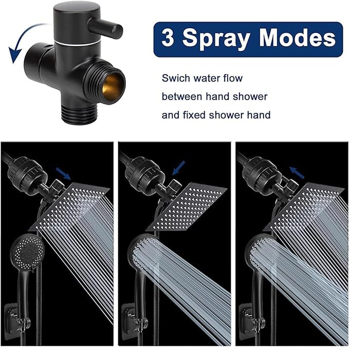 NearMoon Filtered Rain Shower Head, High Pressure 8″Square, and 5 settings Handheld Shower Filter Combo with Self-adhesive Holder/1.5M Hose -1 Replaceable Filter Cartridge (Matte Black)
