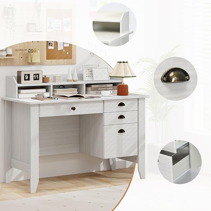 Safeplus 48" Computer Desk with 4 Storage Drawers and Hutch Wood Executive Table for PC Laptop
