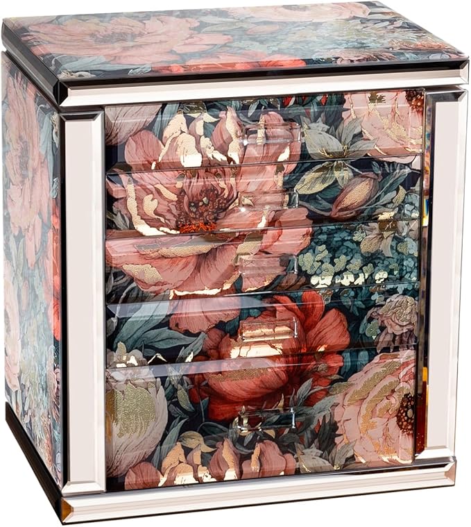 High End Glass Jewelry Box - 5 Layer Jewelry Organizer with 2-Sided Doors and Mirror - Velvet-Lined Organizer For Ring, Necklace, Earring, Bracelet Storage - Christmas Gifts For Women