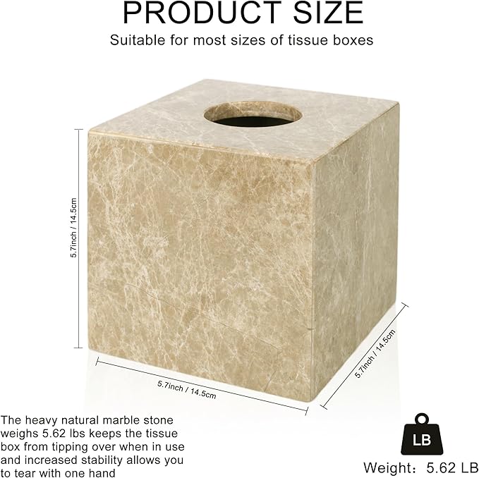 N NANSHOP Natural Marble Tissue Box Holder Cover, Square Cube Tissue Box Holder with Open Bottom for Bathroom Vanity Tops, Bedroom Dressers, Kitchen Countertop, Light Brown (NS042)