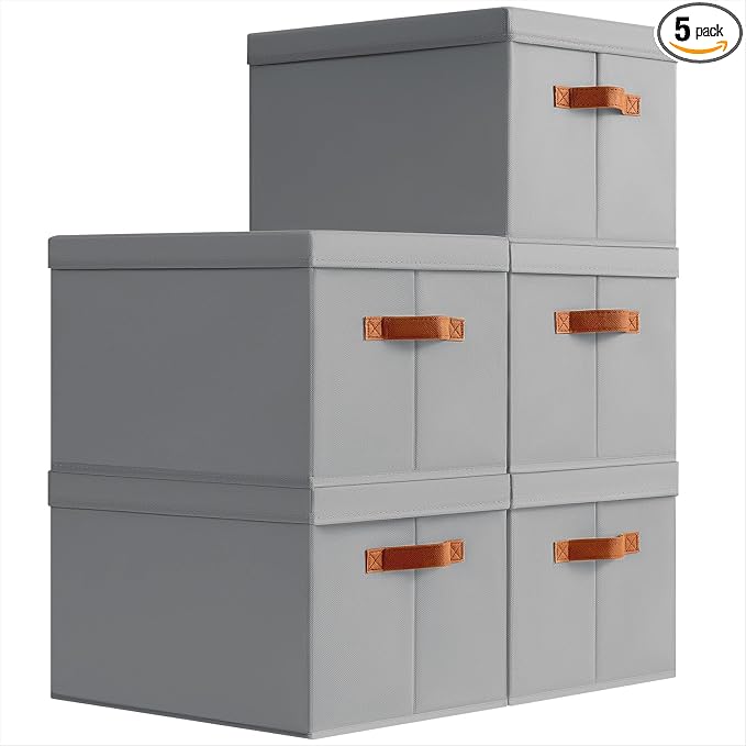 Homsorout Storage Bins with Lids - Large Fabric Closet Bins with Lid, 5 Pack Clothes Organizers and Storage, Collapsible Stackable Cube Basket for Home, Office, Dorm, Grey