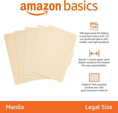 Amazon Basics Sturdy Manila File Folders, 1/3 Tabs in Assorted Positions for Filing and Easy Labeling, Legal Size, 8.5 x 14 inch, 200-Pack