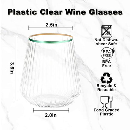 BESTSTAR 36 Pcs 12 oz Plastic Clear Green Rim Ribbed Wine Glasses, Origami Ripple Disposable Champagne Glasses Elegant Whiskey Glasses Ideal for Weddings, Bars, Christmas, Pool Party, Daily Use