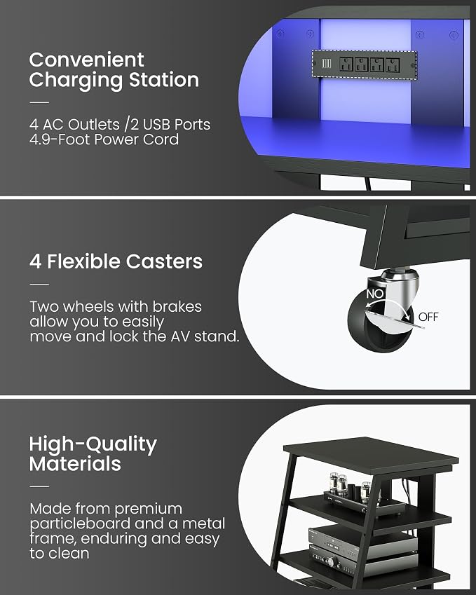 CHOEZON 4-Tier AV Media Stand with Wheels, Stereo Stands, Media Console Shelf with Power Strips, LED Lights, Wooden Audio Cabinet Rack Tower for Record Player/Apple TV/ps4, Black TCJ60UDBB