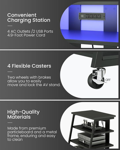 CHOEZON 4-Tier AV Media Stand with Wheels, Stereo Stands, Media Console Shelf with Power Strips, LED Lights, Wooden Audio Cabinet Rack Tower for Record Player/Apple TV/ps4, Black TCJ60UDBB