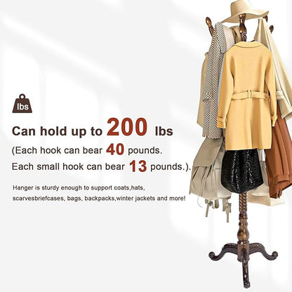 Coat Racks Freestanding, Natural Wood Coat Stands with 14 Hooks, 73" Heavy Duty Adjustable Height Vintage Hall Tree for Entryway, Bedroom, Office, Easy Assembly (Triangular Antique)