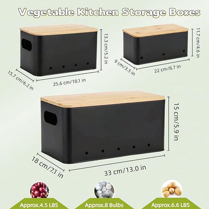 Modern kitchen storage container, stacked metal storage box, 3-piece set with wooden lid design, onion, garlic, potato metal cans, breathable storage box (Black)