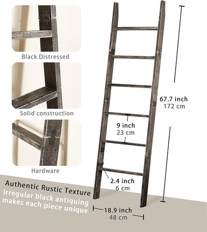 Blanket Ladder for The Living Room 6-Tier, Wooden Decorative Quilt Holder for Bed Room, Wall-Leaning Wood Towel Rack for Bathroom，Rustic Farmhouse Ladders for Display.(Black Wash)