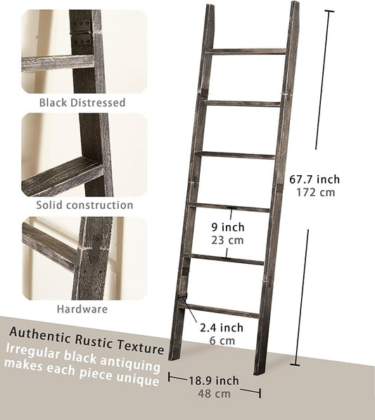 Blanket Ladder for The Living Room 6-Tier, Wooden Decorative Quilt Holder for Bed Room, Wall-Leaning Wood Towel Rack for Bathroom，Rustic Farmhouse Ladders for Display.(Black Wash)