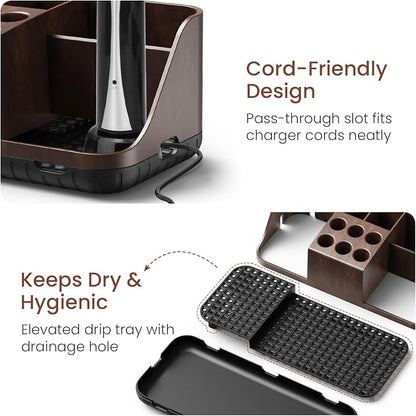 Boperzi Bathroom Counter Organizer for Vanity & Sink Storage: Detachable Electric Toothbrush and Toothpaste Holder, Water Flosser Holder, Bathroom Decor and Accessories Organization Set(Walnut Black)