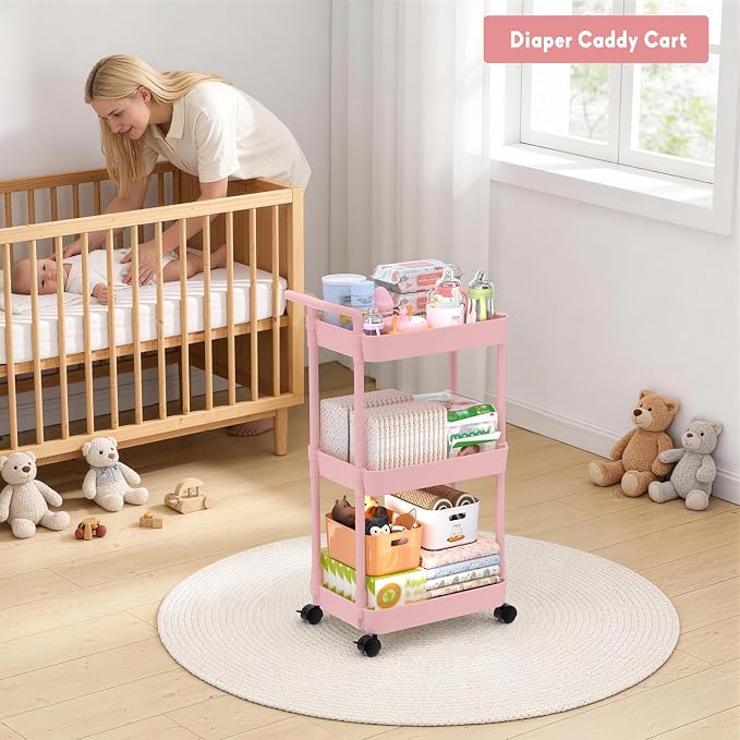 Volnamal Diaper Caddy - Plastic Diaper Organizer for Nursery Essentials, Baby Organizers and Storage, Movable Cart for Changing Table & Crib, Baby Registry Search, Pink