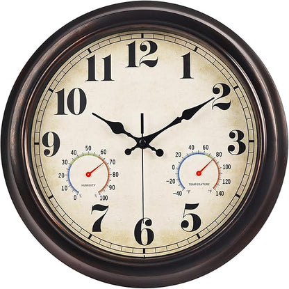 JENLYSTIME 13 Inch Dark Brown Vintage Waterproof Indoor/Outdoor Wall Clock with Thermometer & Hygrometer Large Silent Numerals & Accurate Timekeeping for Living Room, Porch&Garden&Pool