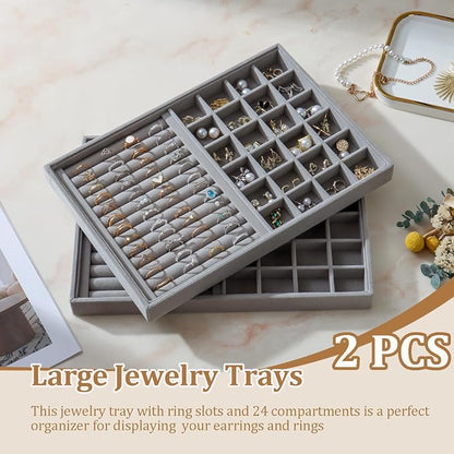 Large Velvet Jewelry Tray 2 Pack Stackable Jewelry Display Drawer Inserts Trays Organizer for Earring Bracelet Necklace Ring (Gray, Ring and 24 Grids)