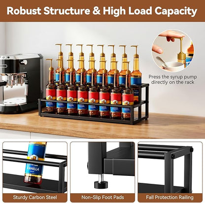 Nuovoware Expandable Coffee Syrup Organizer, 2-Tier Syrup Rack Holds 10-16 Bottles, Adjustable Width Carbon Steel Coffee Bar Organizer for Countertop Kitchen Bar, Liquor Dressing Seasoning, Black