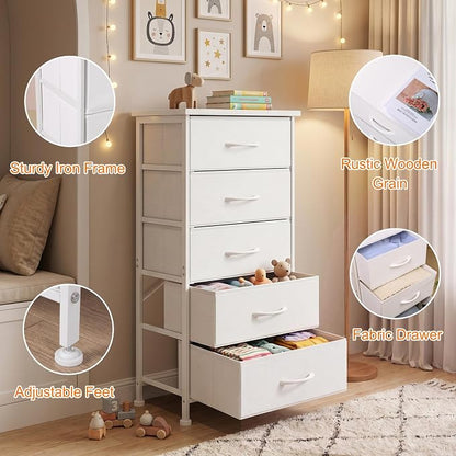 Fixwal White Tall Skinny Dresser for Bedroom, Narrow Storage Dresser Organizer with 5 Fabric Drawers, Nightstand Furniture in Closet, Entryway, Hallway
