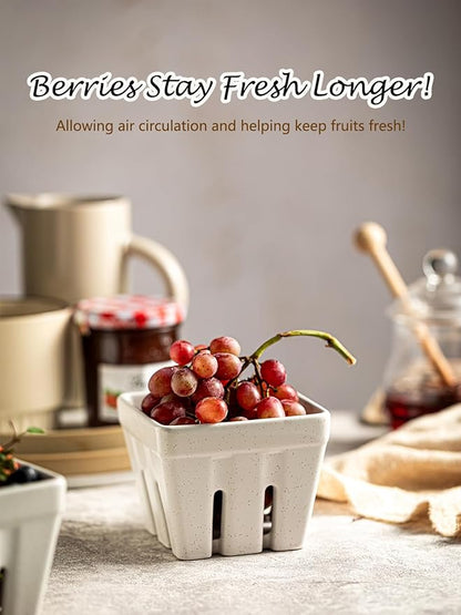 Gomakren Ceramic Fruit Basket Set of 2, Square Fruit Bowls with Holes, Rustic Berry Basket Containers for Kitchen Fridge, Berries, Strawberry, Grape, Cherry - Cream White