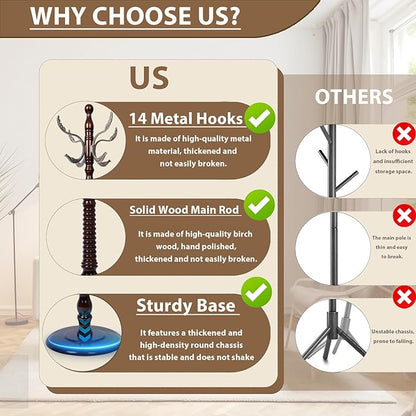Solid Wooden Coat Rack Stand, Coat Racks Freestanding with 14 Hooks, Natural Birch Wood Coat stands with Sturdy Round Base, Tree Coat Hanger Standing for Entryway Bedroom Office (Metal Hook)