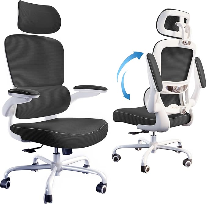 TRALT Ergonomic Office Chair - Desk Chair with Adjustable Headrest Lumbar Support Computer Chair - Mesh Comfy Chair with Flip-up Armrests - Gaming Chairs for Adults Home Office (Leather, Black White)