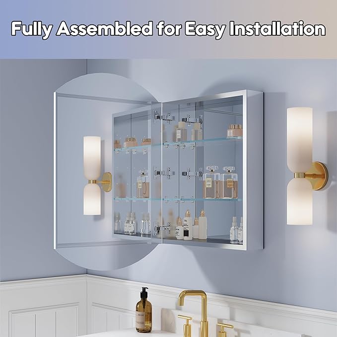 WELLFOR 20" x 32" Bathroom Oval Medicine Cabinet, Beveled Edge Mirror Cabinet, Medicine Cabinet with Adjustable Shelves, Bathroom Cabinet with Reverse Door Installation, Surface or Recessed Mount