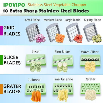 Stainless steel Vegetable Chopper, Veggie Chopper With 10 Blades, Onion Dicer with Container, Food Cutter & Grater Mandoline Slicer