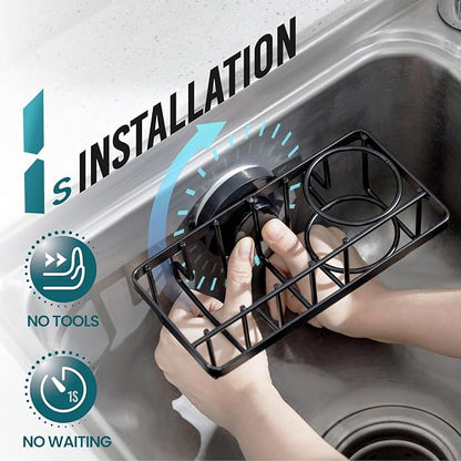 TAILI 4-in-1 Sponge Holder for Kitchen Sink with Strong Suction Cup Removable, Rustproof Aluminum Sink Caddy for Sponge, Brush, Scrubber, Scraper -Black