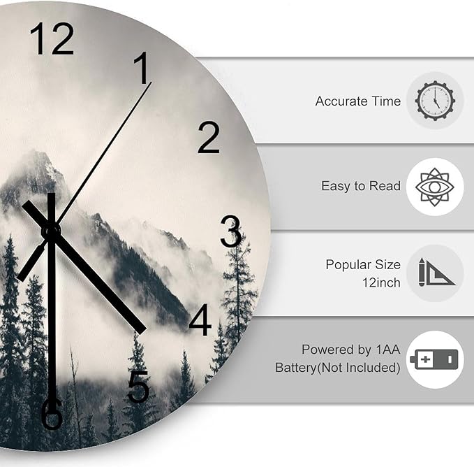 Scenic Nature Wall Clock, Misty Forest Tree Scenery Mountain Foggy Woodland Landscape Wall Clocks Battery Operated Silent Non Ticking Round Wooden Clocks for Kitchen Bathroom Living Room 12 Inch