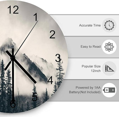 Scenic Nature Wall Clock, Misty Forest Tree Scenery Mountain Foggy Woodland Landscape Wall Clocks Battery Operated Silent Non Ticking Round Wooden Clocks for Kitchen Bathroom Living Room 12 Inch
