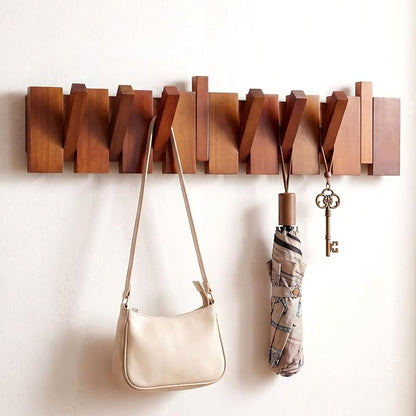 Youyole 8 Hooks Mid Century Modern Wooden Coat Hooks Wood Color Wall Mounted Folding Coat Rack Hanger Heavy Duty Flip Down Piano Hat Rack for Hanging Coats Hats Home