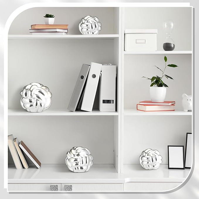 Wenqik 3 Pcs Knot Decor, Link Coffee Table Bookshelf Decor Accents, Ceramic Decorative Objects, Modern Home Minimalist Book Shelf Aesthetic Decoration, 3 Sizes(Silver)