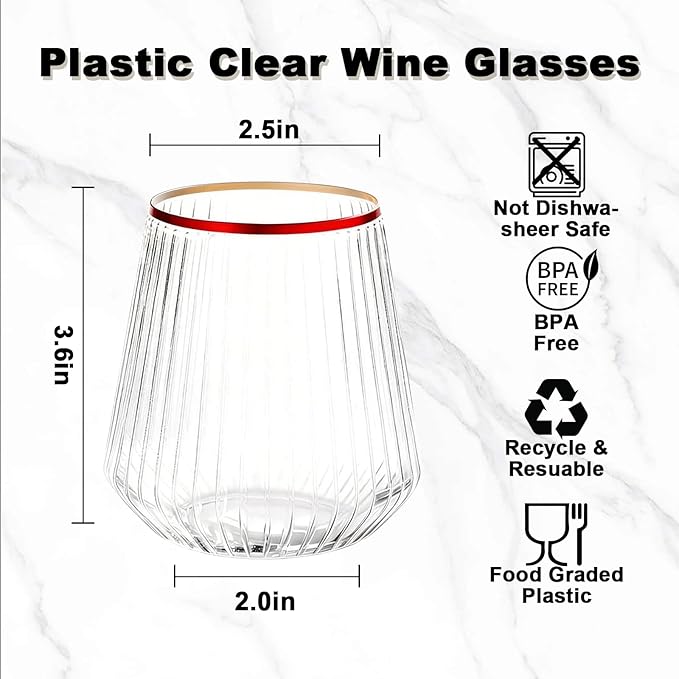 BESTSTAR 36 Pcs 12 oz Plastic Clear Red Rim Ribbed Wine Glasses, Origami Ripple Disposable Champagne Glasses Elegant Whiskey Glasses Ideal for Weddings, Bars, Christmas, Pool Party, Daily Use