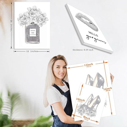Glam Gray Fashion Wall Decor, FRAMED Woman Makeup Room Wall Art, Fashion Silver Girly Beauty Room Picture Wall Decor for Office Bedroom Bathroom, Watercolor Perfume Handbags High Heels Lipstick Wall Paintings, Ready to Hang (Set of 6, 12x16 in, Framed)