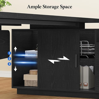 78 inch L Shaped Executive Desk with Power Outlets, Large Home Office Desk with Storage Drawers and File Cabinet, Modern Computer Desk with Shelves, Black Business Furniture