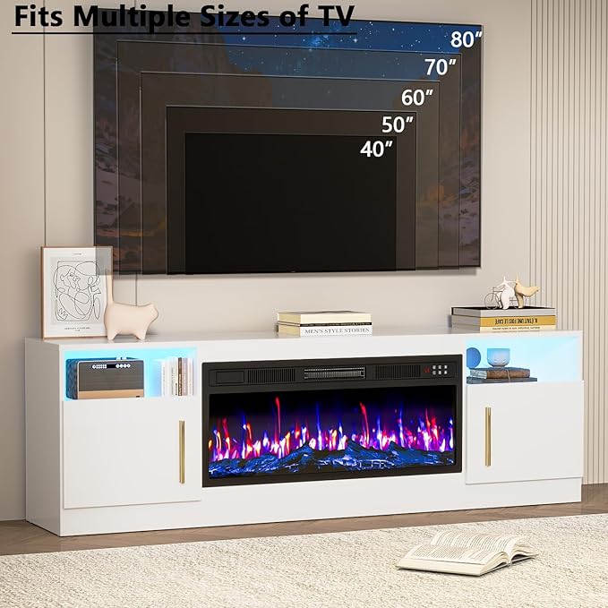 PRETZI Fireplace TV Stand with 36" Fireplace Up to 80" TVs, 70" Entertainment Center with LED Lights, Remote Control, TV Media Console with Storage Cabinets for Living Room, White