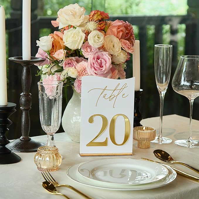 Gold Mirrored Acrylic Wedding Table Numbers 1-20 Set, Self-Standing Modern Arched Signs for Reception Seating, Anniversary & Bridal Shower, Elegant Wedding Decor (5x7 Inches)