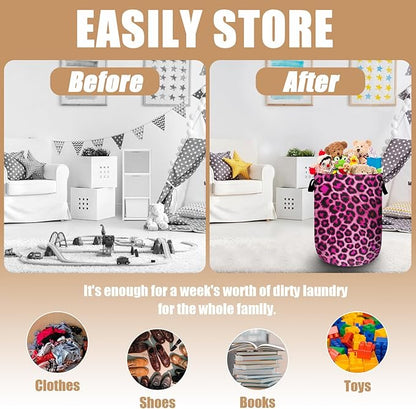 Pink Leopard Print Laundry Basket, Foldable Animal Skin Laundry Hamper Tote Bag Dirty Clothes Storage Bucket Toy Organizer for Bathroom/Laundry/Bedroom 15.7"x19.6"