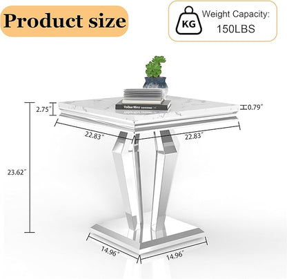 Marble End Table, Modern Square 23” Side Table with Diamond-Shape Stainless Steel Base and Faux Marble Top, Small Sofa Table for Living Room, Bedroom, Lounge (Silver,White)