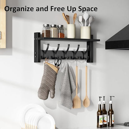 Optish Coat Rack Wall Mount with Shelf, 17.1 Inch Coat Hanger Walls Mounted, Hat Rack for Walls, Shelf with 5 Coat Hooks, Wall Hanger for Entryway (Black)