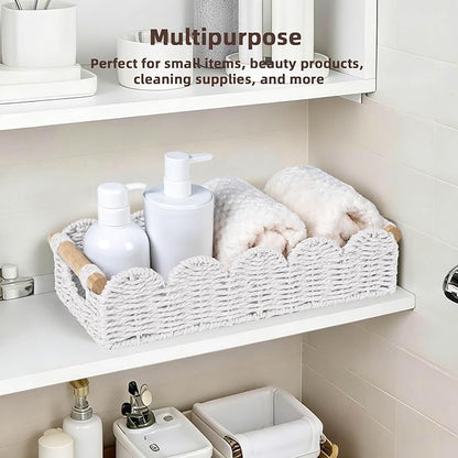 CubesLand Bathroom Basket Organizer w/Cut Out Handle, Back of Toilet Paper Storage Baskets for Bathroom Countertop Decorative, Small Scalloped Wicker Basket Also for Home Decor, Living Room, White