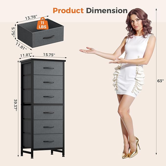 Sweetcrispy Tall Fabric Dresser for Bedroom, 6 Drawer Skinny Chest of Drawers, Narrow Storage Tower with Wood Top and Metal Frame, Vertical Nightstand for Closet, Bedroom Organization Furniture, Grey