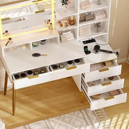 Lighted Vanity Desk with Mirror & Lights – Compact Vanity with5 Drawers ， Built-in Power Strip & USB, Adjustable Shelves, Fluted Panel Design, Makeup Organizer with Storage Shelf for Bedroom,White