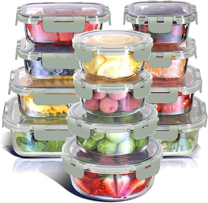 Nestl 24pc Glass Storage Containers with Lids, 12 Glass Food Storage Containers with 12 Airtight Lids for Pantry & Kitchen, Meal Prep Containers for Lunch, Oven Microwave & Dishwasher Safe, Sage Green