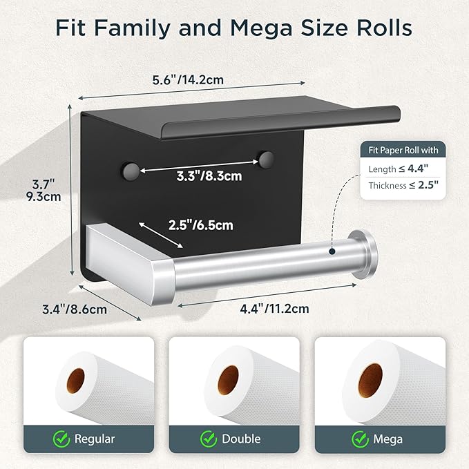 FORIOUS Toilet Paper Holder with Shelf, Adhesive or Screw Wall Mount Toilet Paper Roll Holder for Bathroom, Rustproof 304 Tissue Dispenser with Phone Shelf (1, Matte Black & Brushed Nickel)