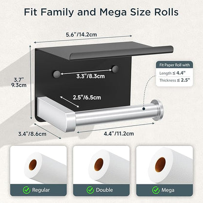 FORIOUS Toilet Paper Holder with Shelf, Adhesive or Screw Wall Mount Toilet Paper Roll Holder for Bathroom, Rustproof 304 Tissue Dispenser with Phone Shelf (1, Matte Black & Brushed Nickel)